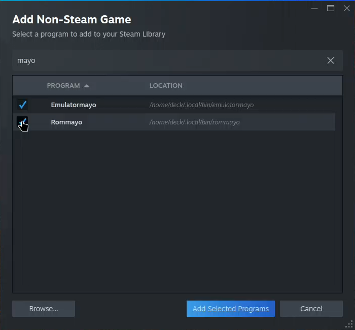 Steam Add Non-Steam Game dialog showing the installed Mayo launchers selected