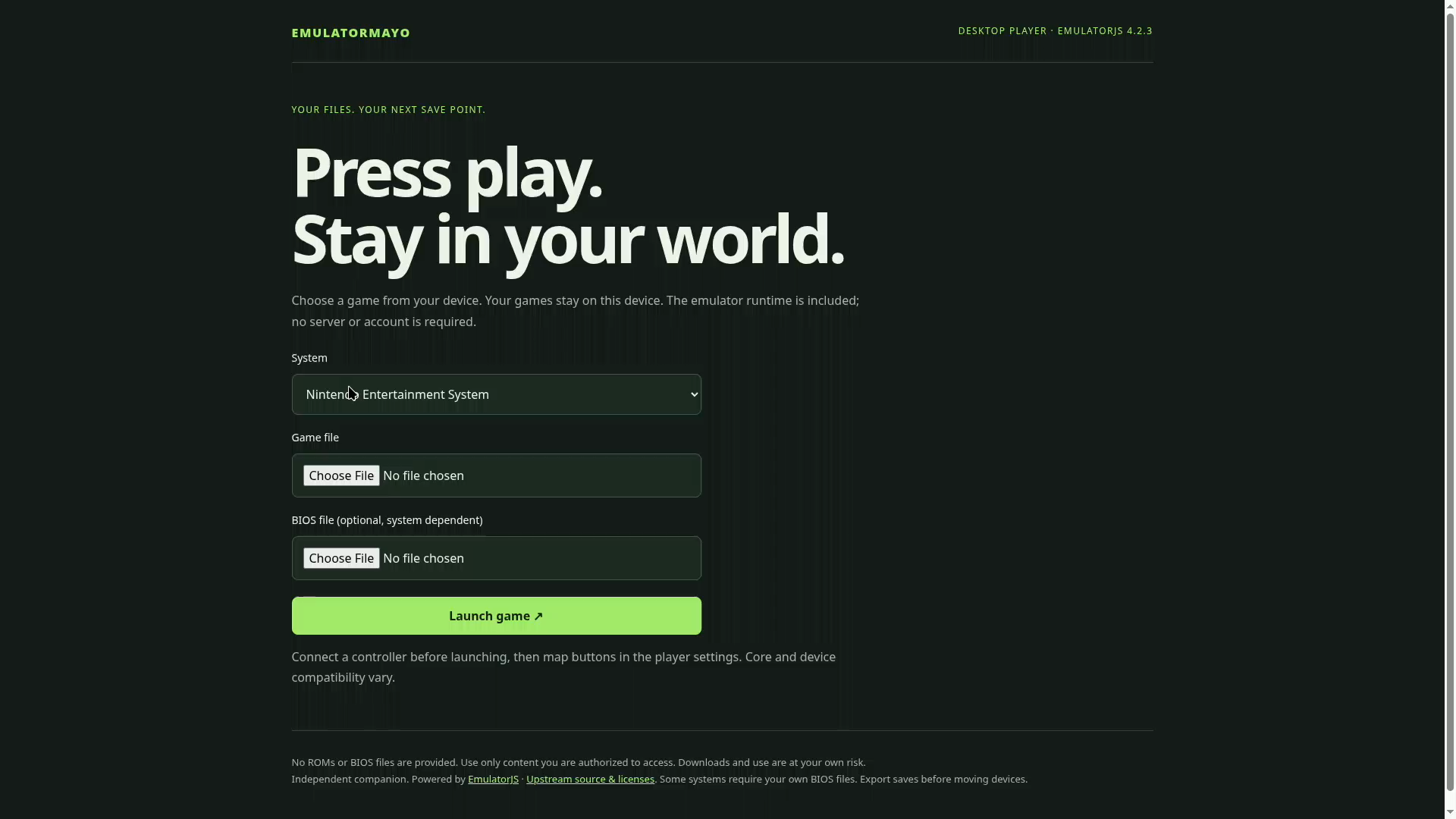 Emulatormayo setup screen captured on a physical Steam Deck